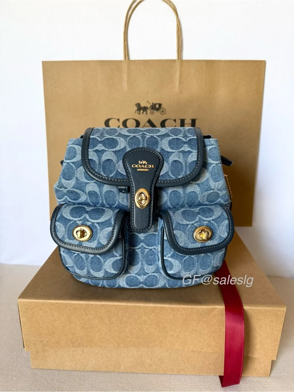 NWT Coach Hadley Backpack Signature blue Denim  /Gold hardware Gift Set